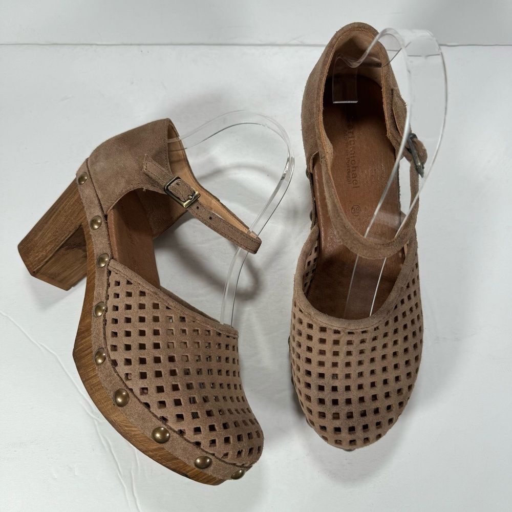 Eric Michael Gigi Coffee Brown Perforated Suede Wooden Platform Clog Women's 8